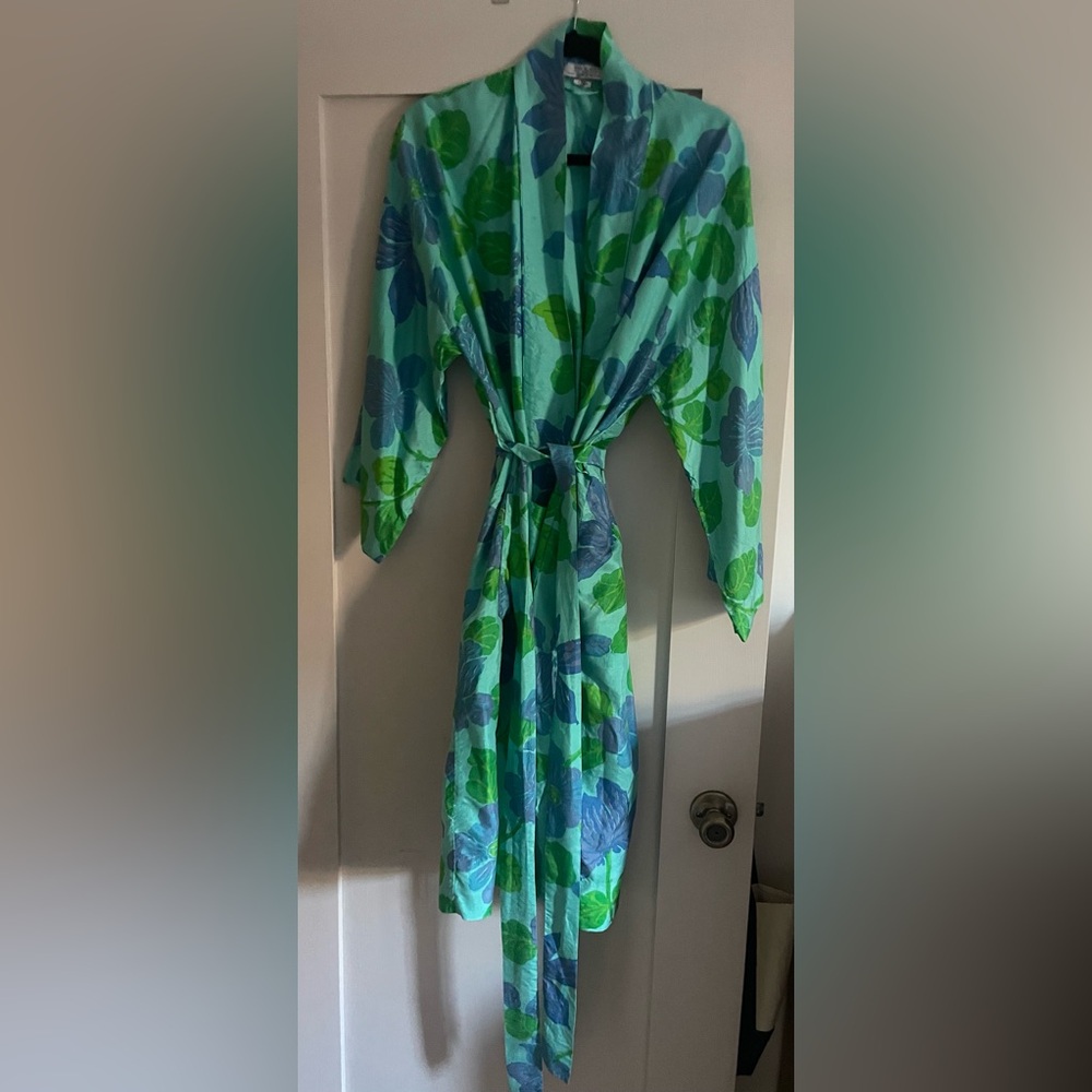 Vintage Floral Kimono Robe - Blue and Green
